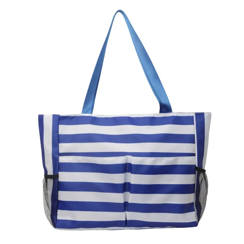 Striped Canvas Tote Bag Blue White Large Capacity - Image 3