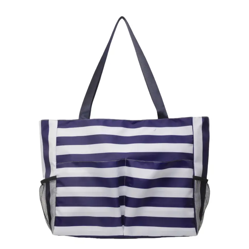 Striped Canvas Tote Bag Blue White Large Capacity - Image 4