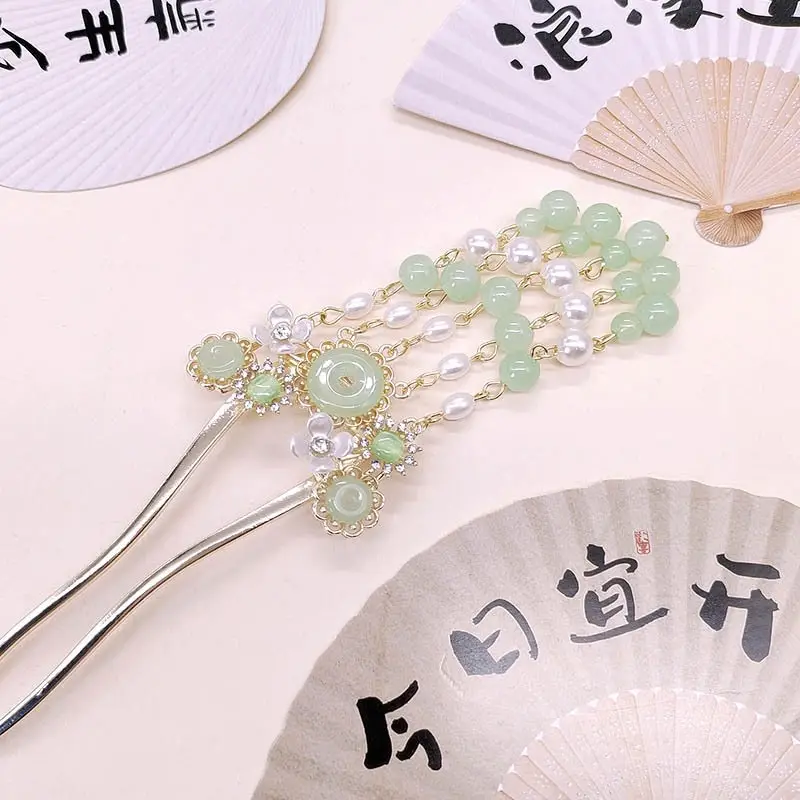 Emerald Green Flower Tassel Hairpin for Women - Image 5