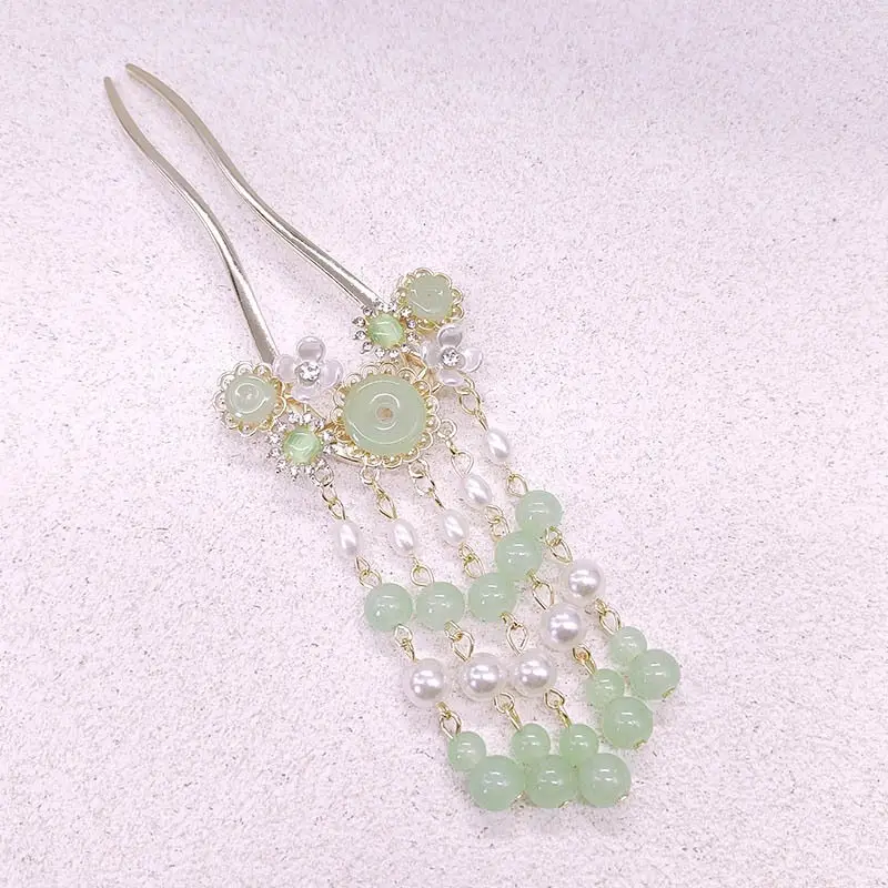Emerald Green Flower Tassel Hairpin for Women — feature 7