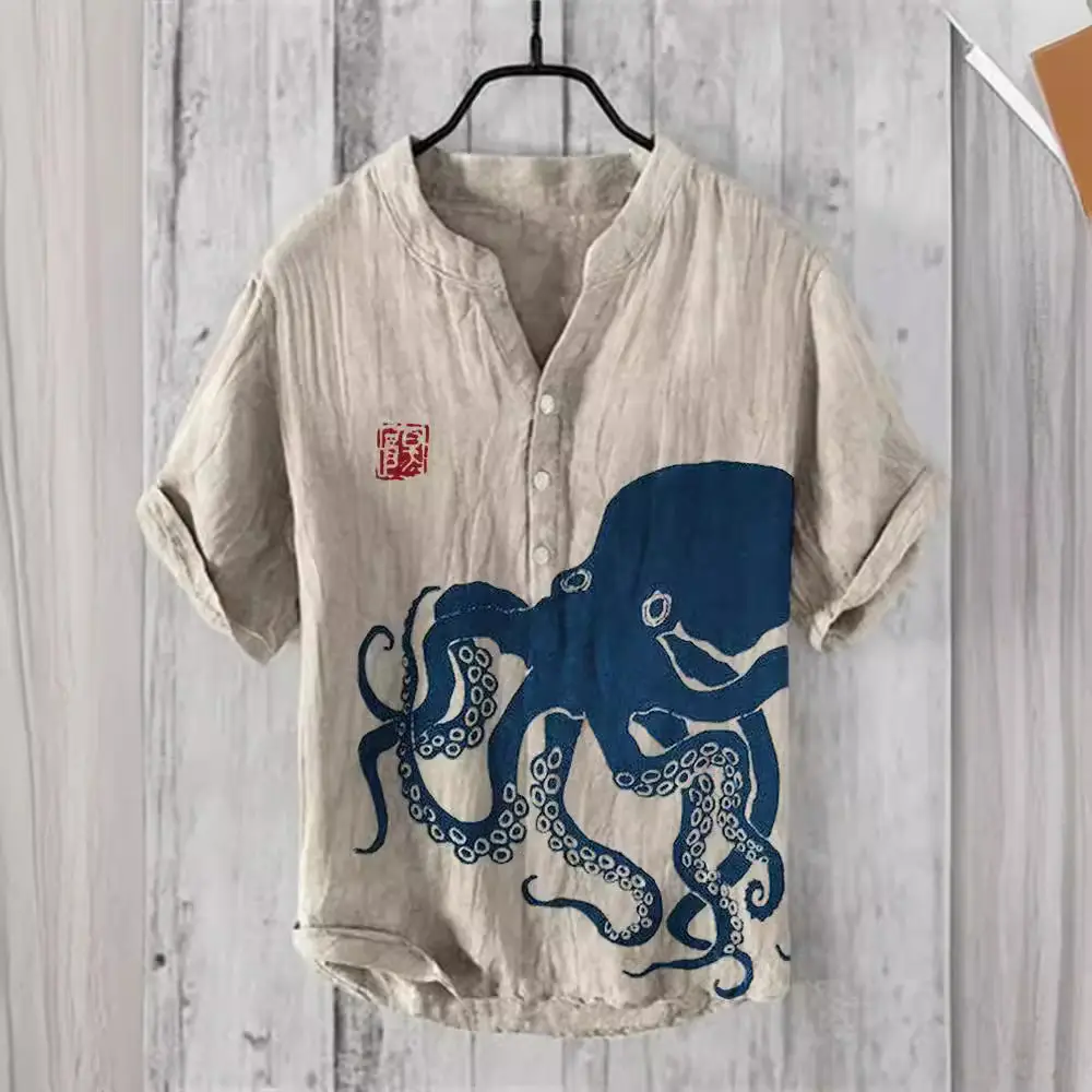 Summer Floral Print Men's V-Neck Shirt Beige Blue - Image 33