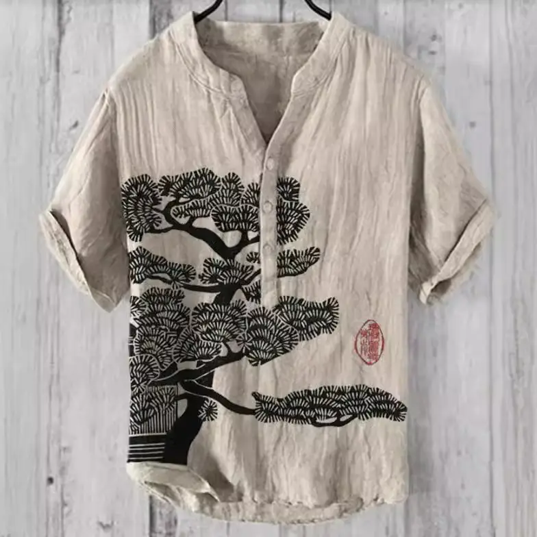 Summer Floral Print Men's V-Neck Shirt Beige Blue - Image 34