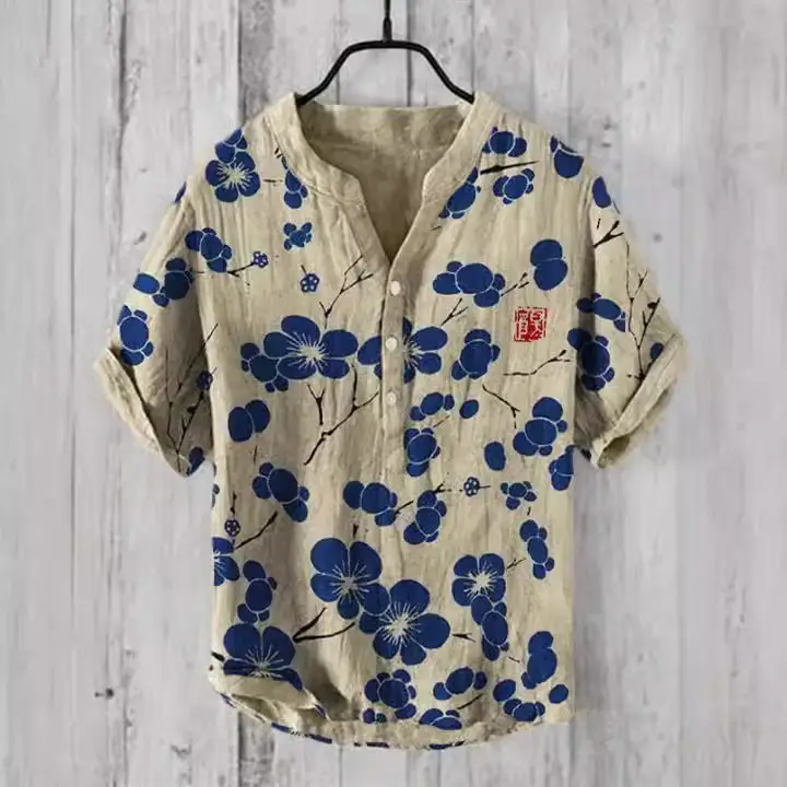 Summer Floral Print Men's V-Neck Shirt Beige Blue - Image 35