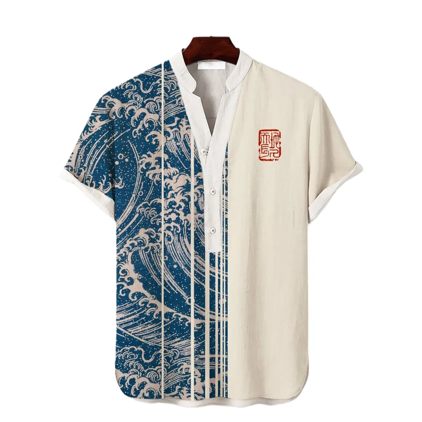 Summer Floral Print Men's V-Neck Shirt Beige Blue - Image 36