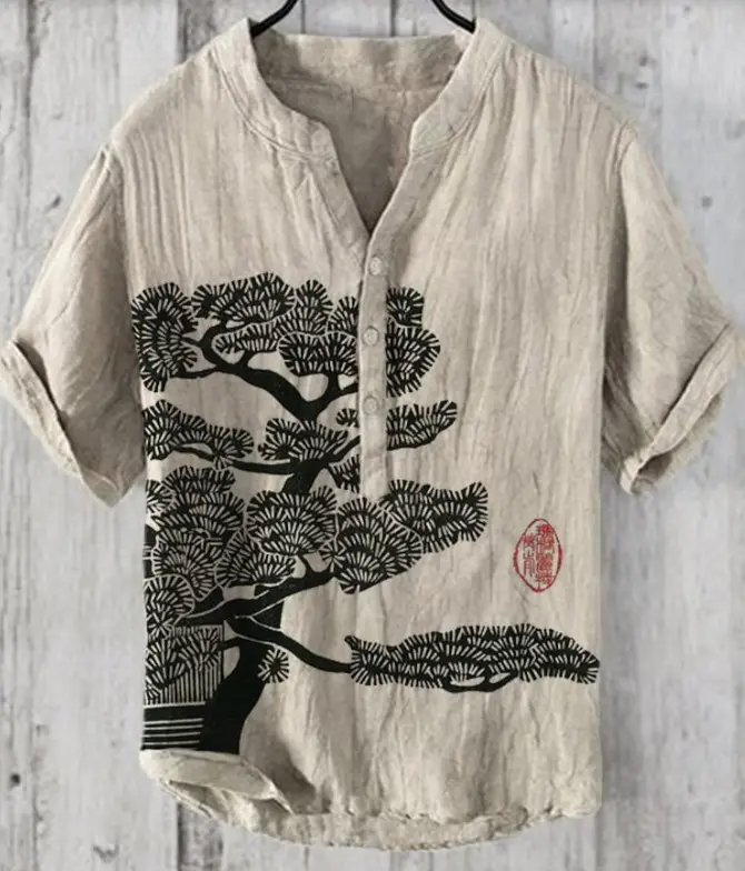 Summer Floral Print Men's V-Neck Shirt Beige Blue — feature 5