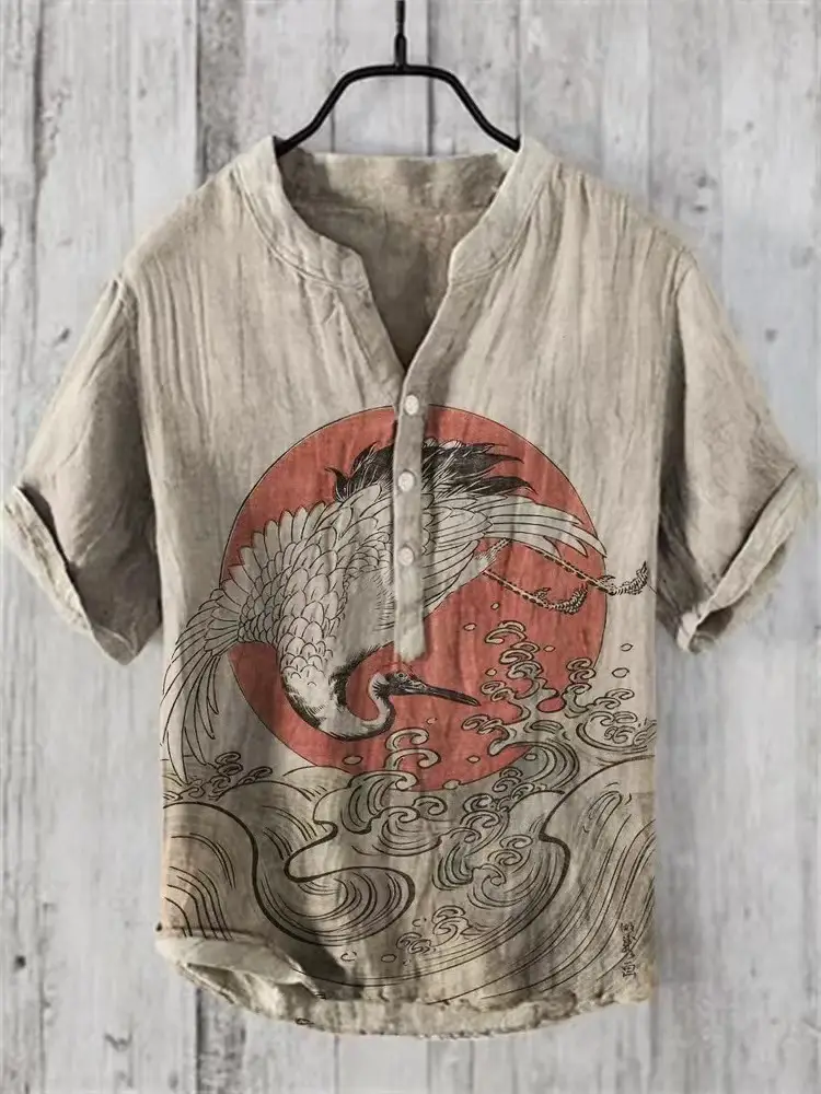 Summer Floral Print Men's V-Neck Shirt Beige Blue — feature 6