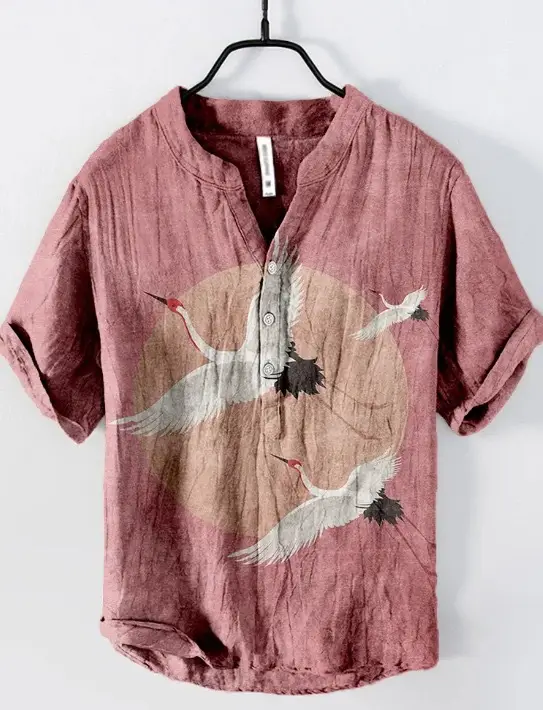Summer Floral Print Men's V-Neck Shirt Beige Blue — feature 7