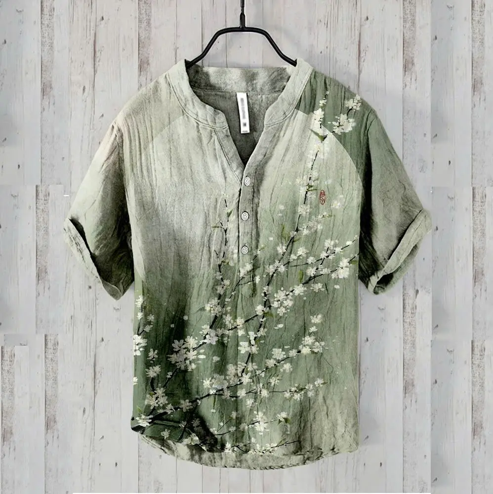 Summer Floral Print Men's V-Neck Shirt Beige Blue - Image 27