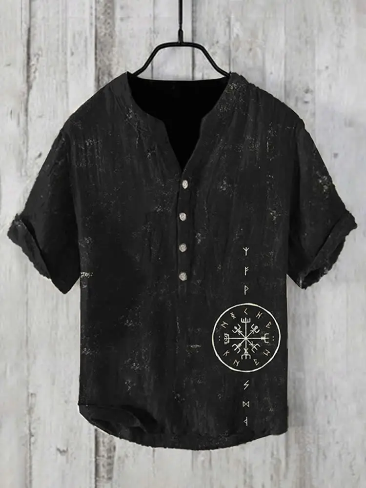 Summer Floral Print Men's V-Neck Shirt Beige Blue - Image 28