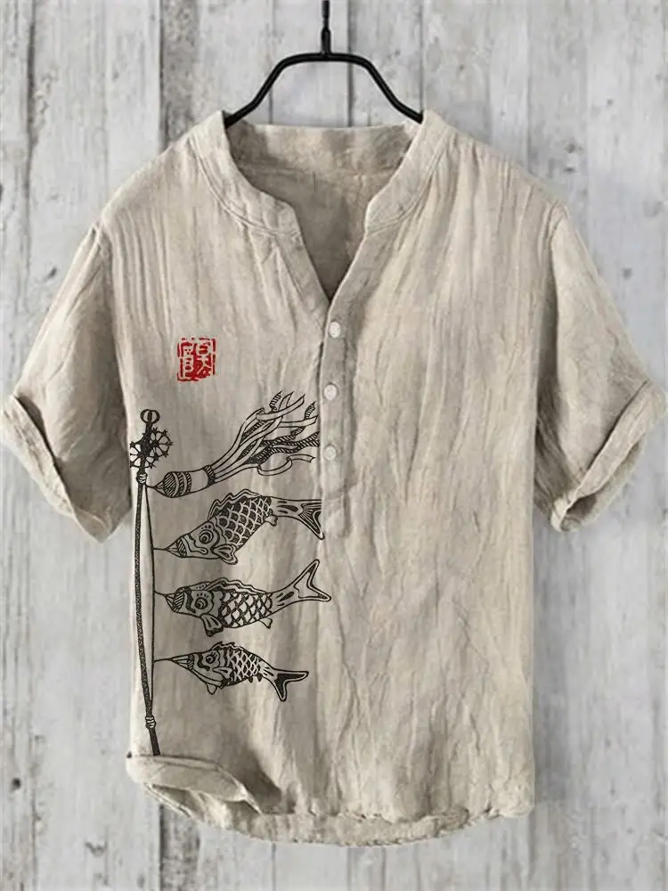 Summer Floral Print Men's V-Neck Shirt Beige Blue - Image 29