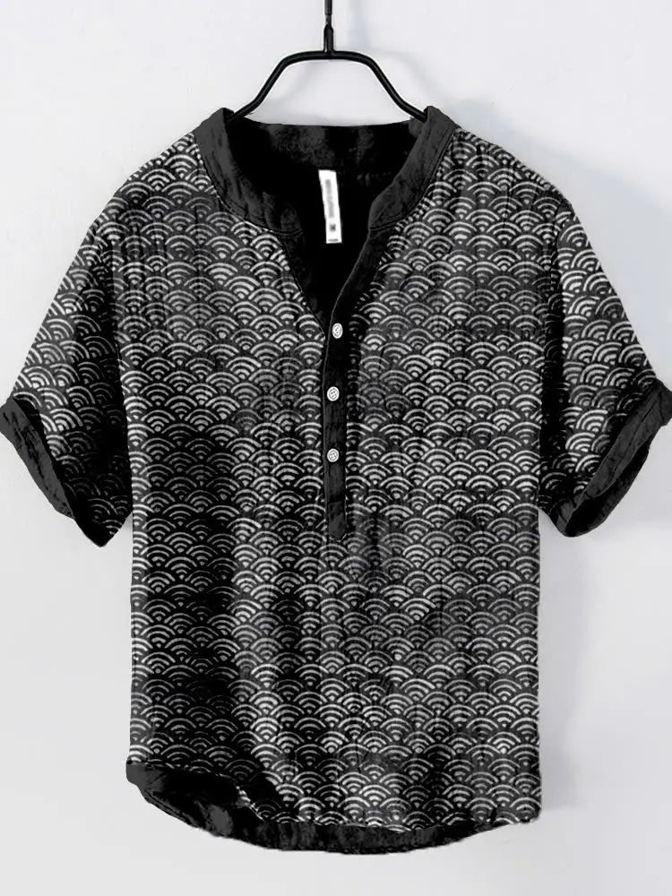 Summer Floral Print Men's V-Neck Shirt Beige Blue - Image 30
