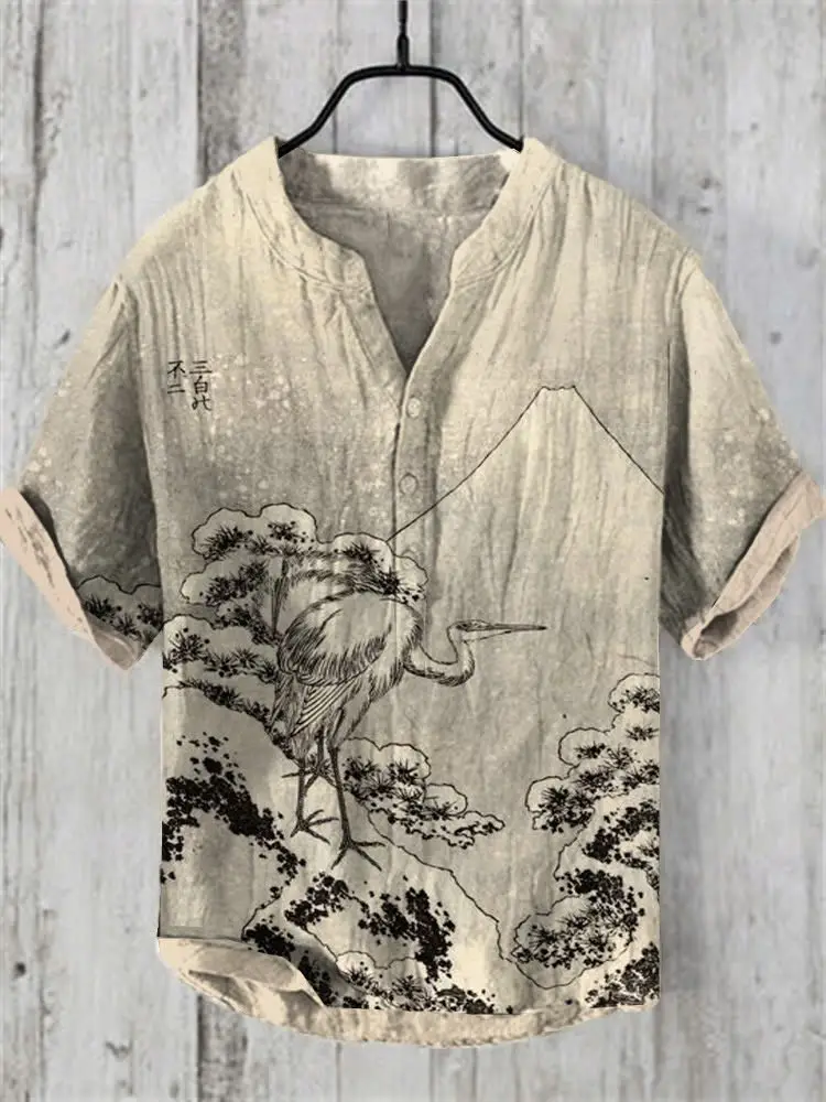 Summer Floral Print Men's V-Neck Shirt Beige Blue - Image 31