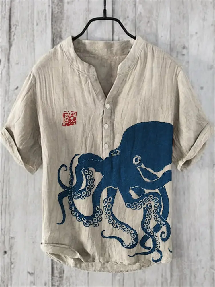 Summer Floral Print Men's V-Neck Shirt Beige Blue - Image 3