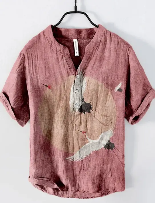 Summer Floral Print Men's V-Neck Shirt Beige Blue - Image 12