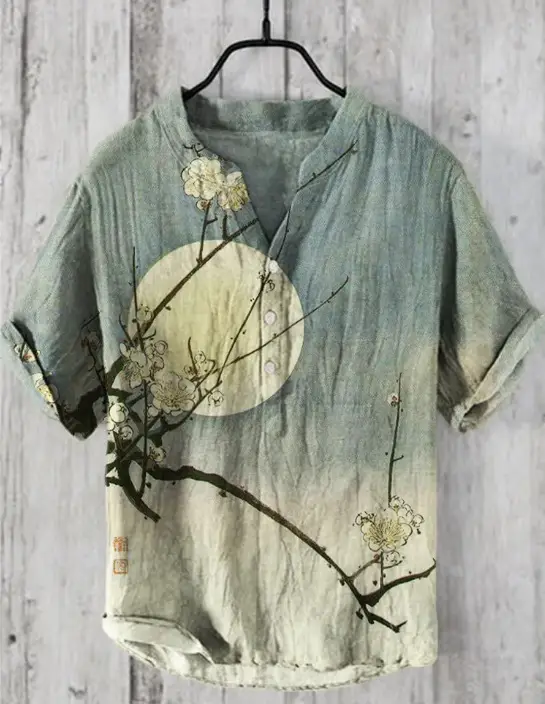 Summer Floral Print Men's V-Neck Shirt Beige Blue - Image 13