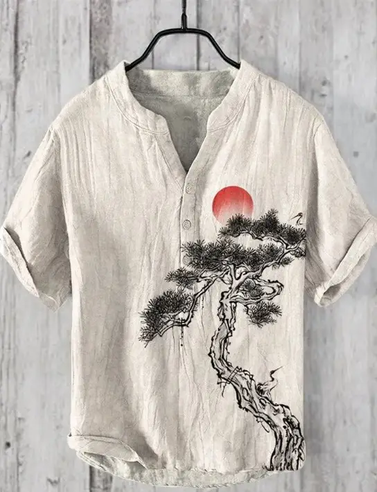 Summer Floral Print Men's V-Neck Shirt Beige Blue - Image 14