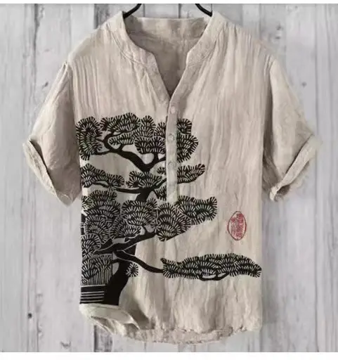 Summer Floral Print Men's V-Neck Shirt Beige Blue - Image 15