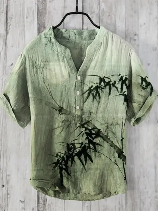 Summer Floral Print Men's V-Neck Shirt Beige Blue - Image 21