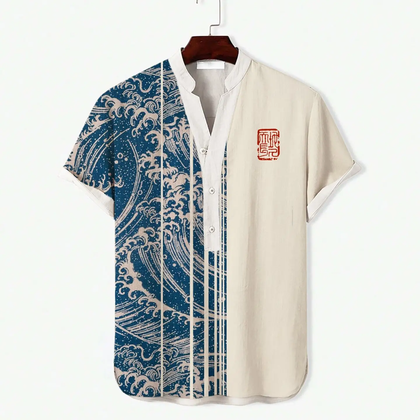 Summer Floral Print Men's V-Neck Shirt Beige Blue - Image 2