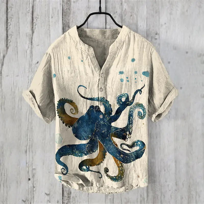 Men's Printed Hawaiian Shirt Blue Orange Waves - Image 43