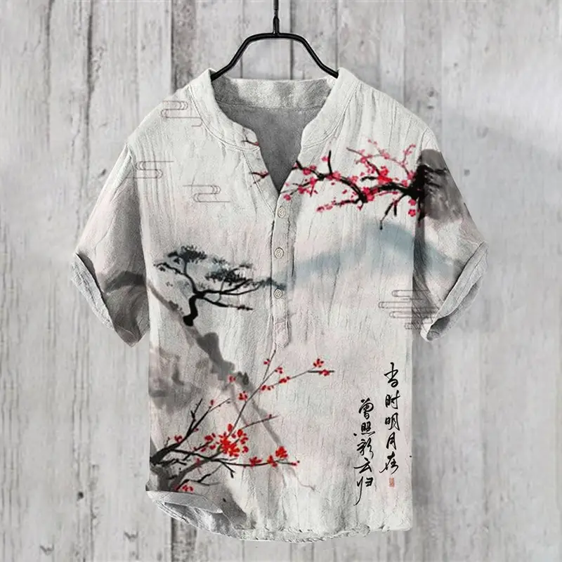 Men's Printed Hawaiian Shirt Blue Orange Waves - Image 44