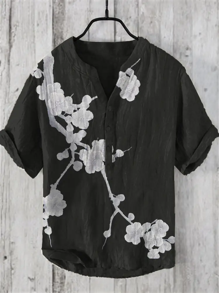 Men's Printed Hawaiian Shirt Blue Orange Waves - Image 13