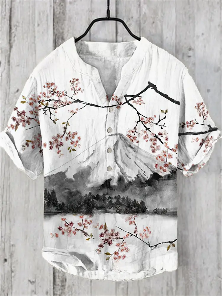 Men's Printed Hawaiian Shirt Blue Orange Waves - Image 22