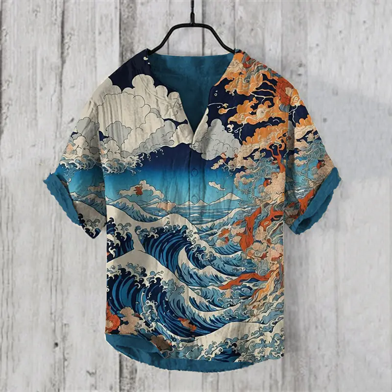 Men's Printed Hawaiian Shirt Blue Orange Waves - Image 24