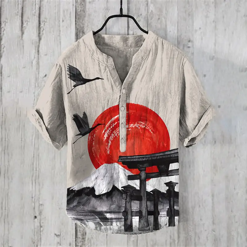Men's Printed Hawaiian Shirt Blue Orange Waves - Image 27