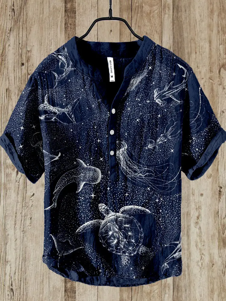 Men's Printed Hawaiian Shirt Blue Orange Waves - Image 29