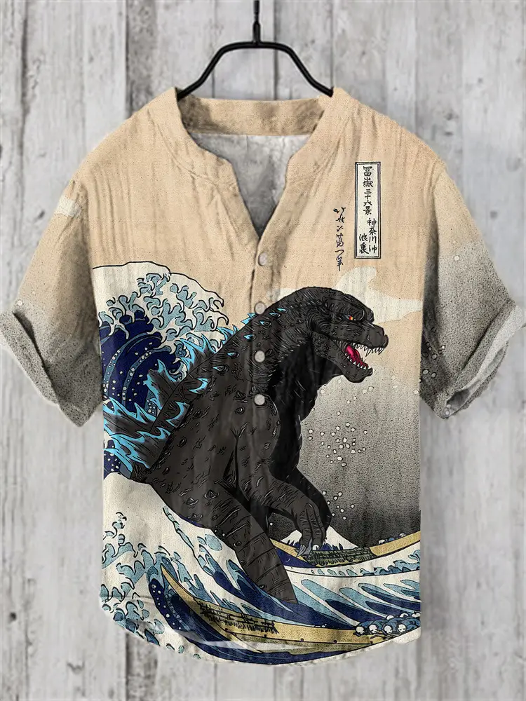 Men's Printed Hawaiian Shirt Blue Orange Waves - Image 30