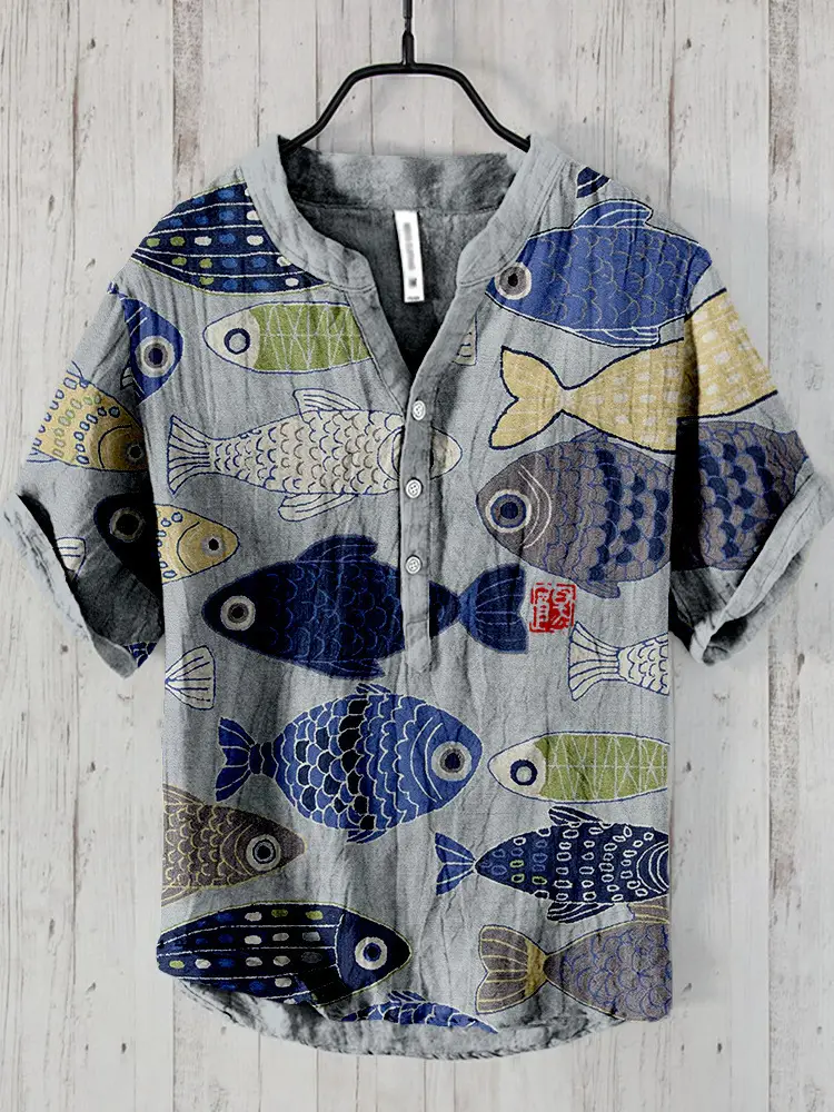 Men's Printed Hawaiian Shirt Blue Orange Waves - Image 31