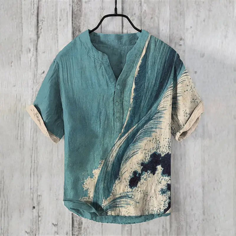 Men's Printed Hawaiian Shirt Blue Orange Waves - Image 32