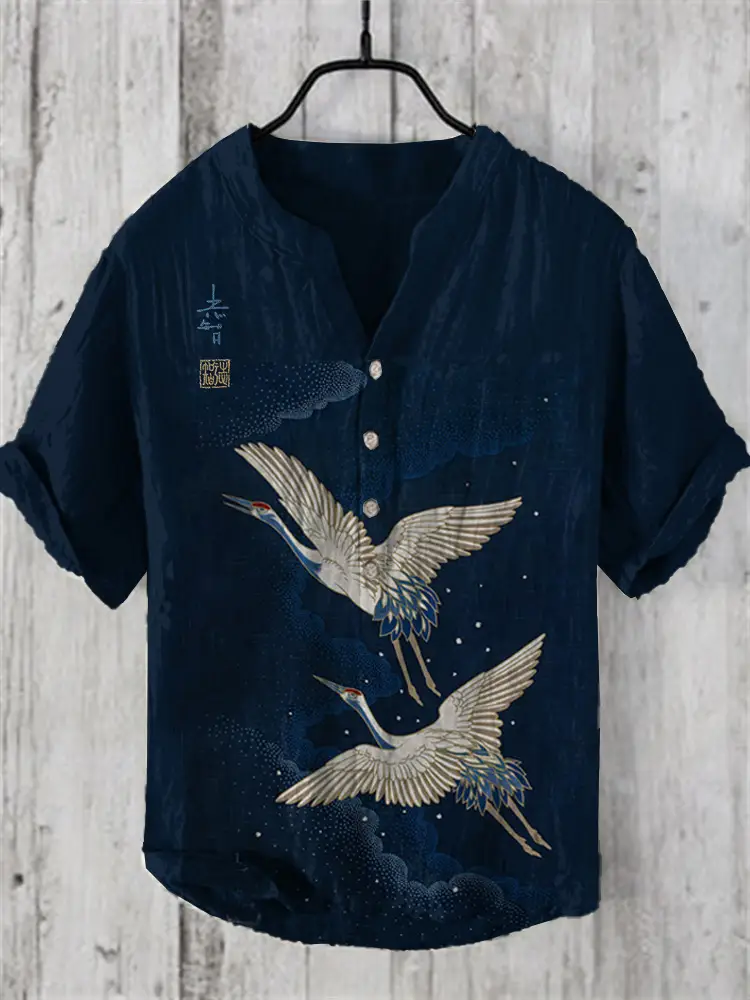 Men's Printed Hawaiian Shirt Blue Orange Waves - Image 35