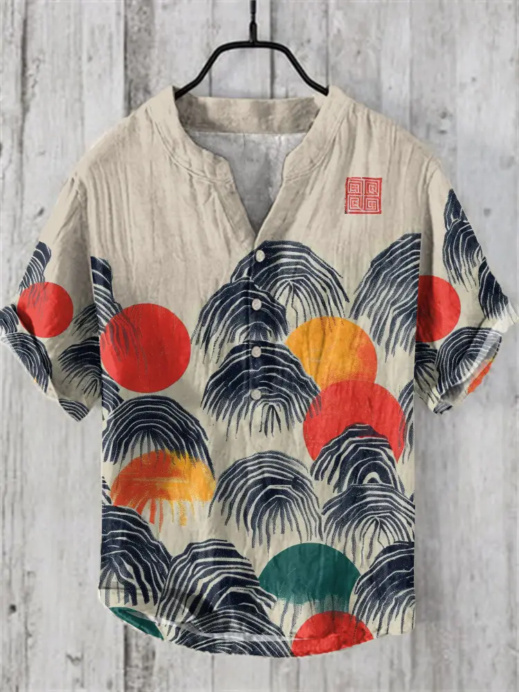 Men's Printed Hawaiian Shirt Blue Orange Waves - Image 36