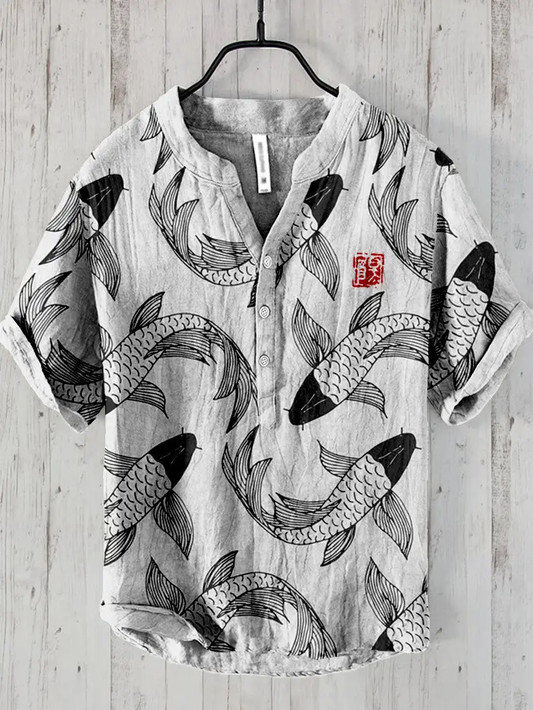 Men's Printed Hawaiian Shirt Blue Orange Waves - Image 38