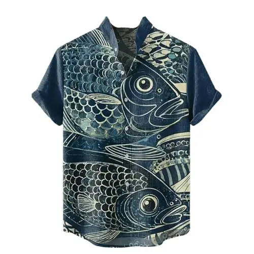 Men's Printed Hawaiian Shirt Blue Orange Waves - Image 40