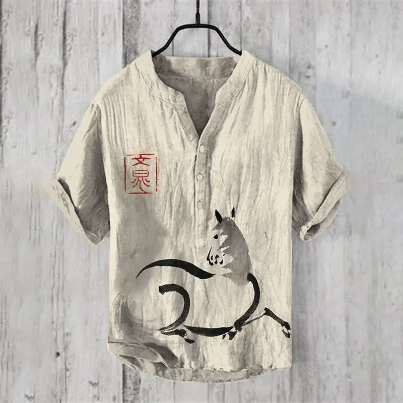 Men's Printed Hawaiian Shirt Blue Orange Waves - Image 5