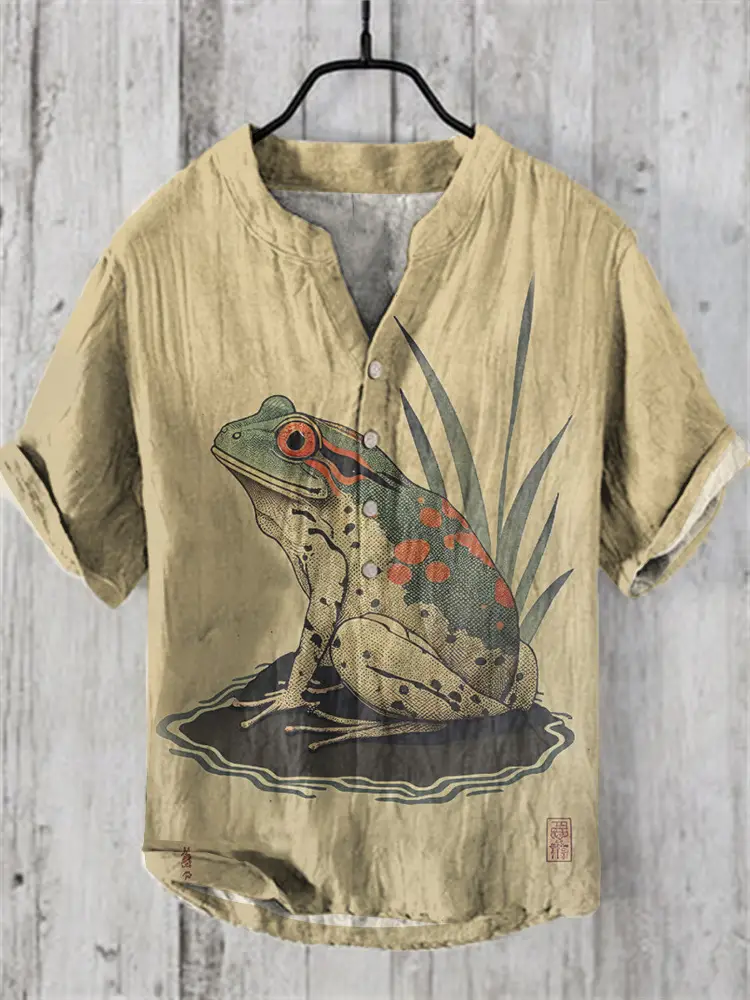 Men's Printed Hawaiian Shirt Blue Orange Waves - Image 6