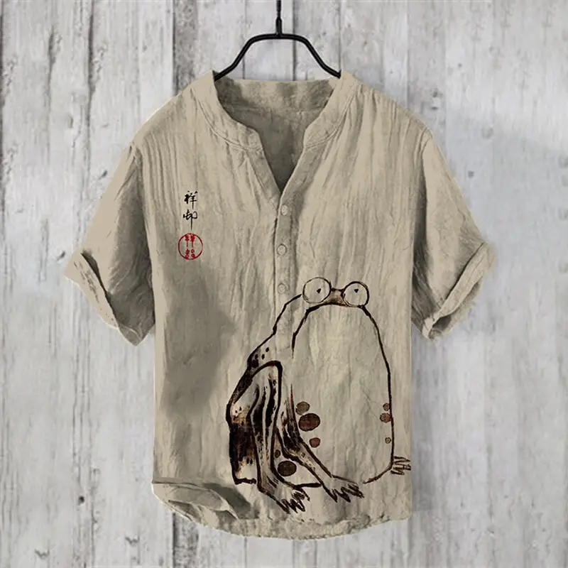 Men's Printed Hawaiian Shirt Blue Orange Waves - Image 8