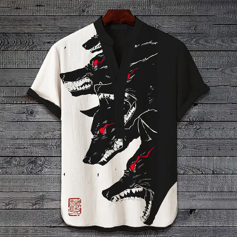 Men's Printed Hawaiian Shirt Blue Orange Waves - Image 9