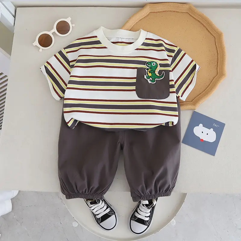 Children Striped T-Shirt Suit Green Pants 2024 - Image 2
