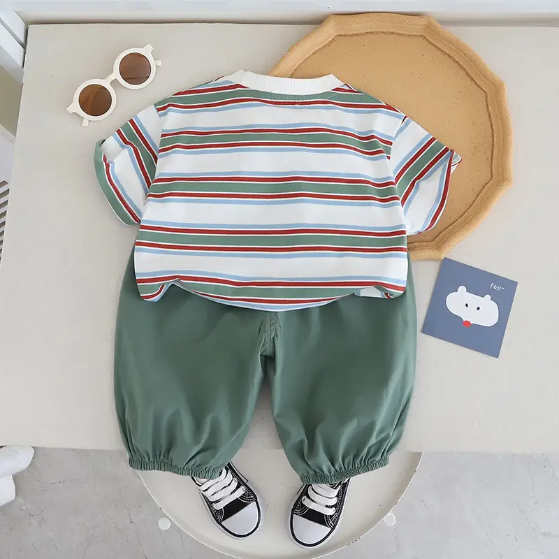 Children Striped T-Shirt Suit Green Pants 2024 - Image 4