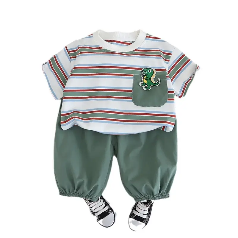 Children Striped T-Shirt Suit Green Pants 2024 - Image 5