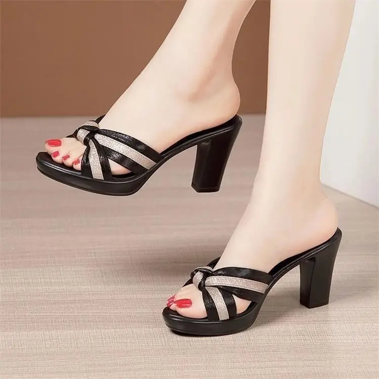 Thick Heel Outer Wear Sandals and Slippers Women's Summer 2024 New Style Waterproof Platform Fish Mouth One-word Sandals Fashionable All-match Mid-heel Slippers — feature 2