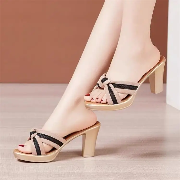 Thick Heel Outer Wear Sandals and Slippers Women's Summer 2024 New Style Waterproof Platform Fish Mouth One-word Sandals Fashionable All-match Mid-heel Slippers — feature 4