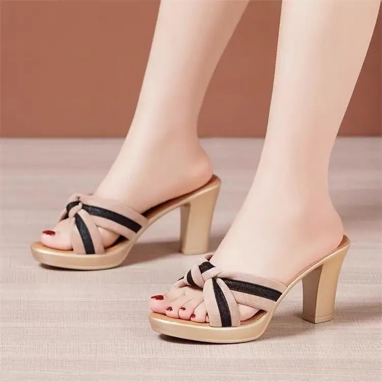 Thick Heel Outer Wear Sandals and Slippers Women's Summer 2024 New Style Waterproof Platform Fish Mouth One-word Sandals Fashionable All-match Mid-heel Slippers — feature 5