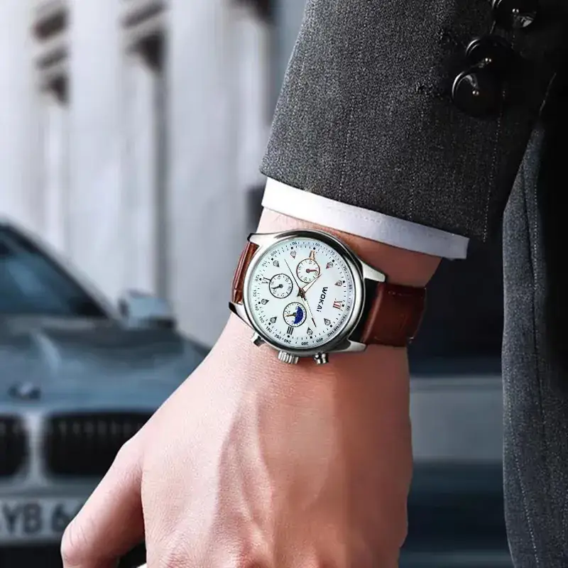 Men's Black Dial Chronograph Watch with Leather Strap