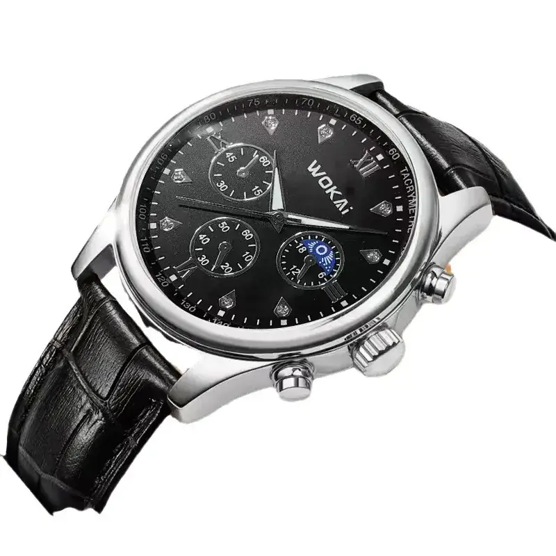 Men's Black Dial Chronograph Watch with Leather Strap