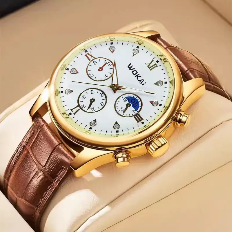 Men's Black Dial Chronograph Watch with Leather Strap